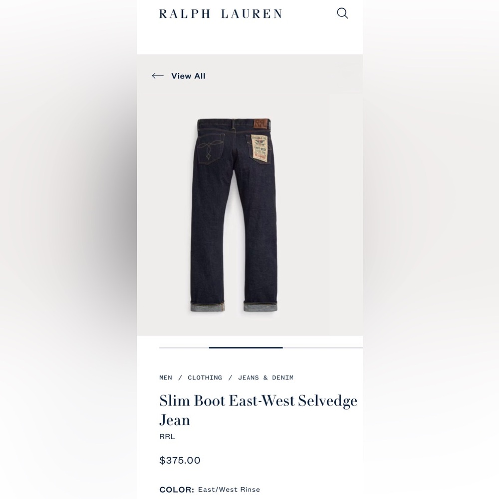 Ralph Lauren Polo Button Fly Slim Boot East-West Selvedge Jean size 40x30